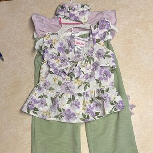 Little Lass Purple Floral Top and Green Pants Set 3 piece with hair band